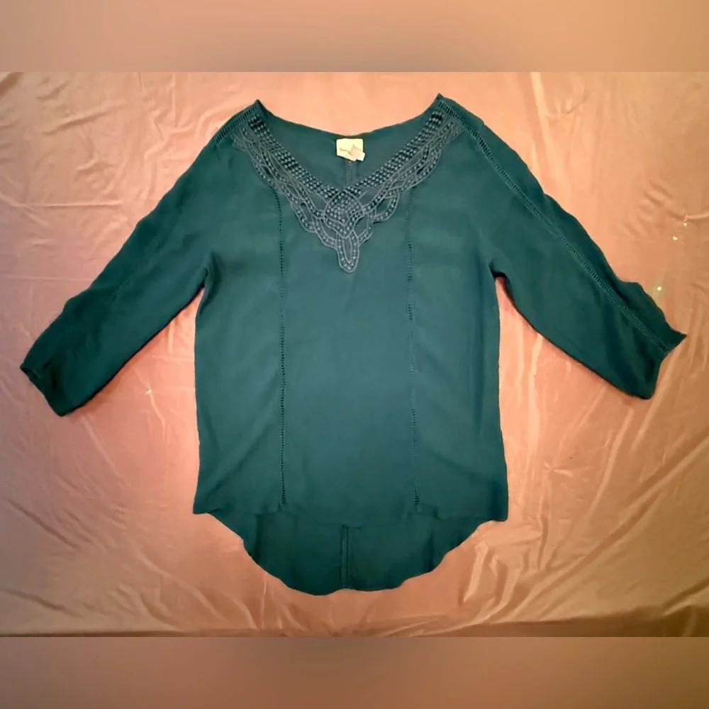 Knox Rose Green Embroidered 3/4 Sleeve Blouse Size Large - Picture 3 of 9